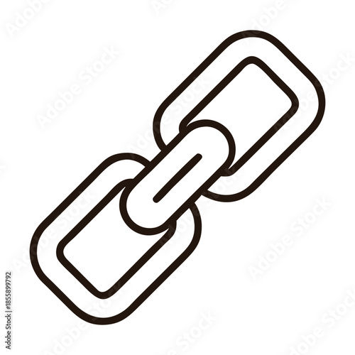 A simple black outline of two interconnected chain links, symbolizing connection, strength, and unity, representing internet hyperlinks or secure bonds, isolated on