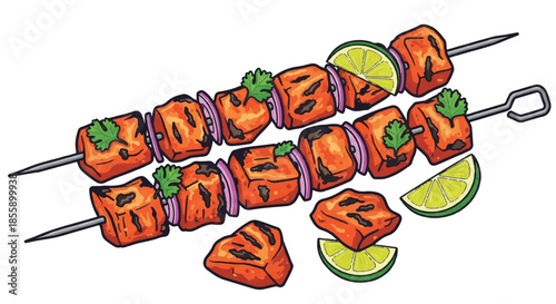 Grilled Chicken Tikka Skewers with Red Onion and Cilantro Illustration