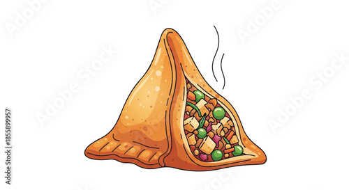 Crispy Samosa Pastry with Steam and Mixed Vegetable Interior Illustration