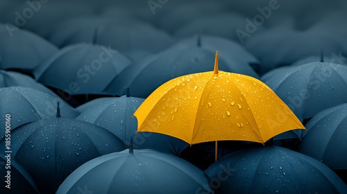 Unique Yellow Umbrella Standing Out from a Crowd of Dark Umbrellas