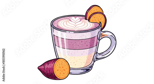 Ube Taro Purple Sweet Potato Latte with Heart Art and Garnish Illustration