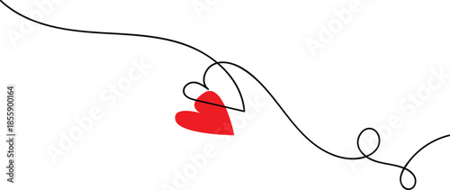 One continuous drawing of two hearts with red color love sign. Continuous line drawing of two connected hearts, one in vibrant red, symbolizing love and unity. 