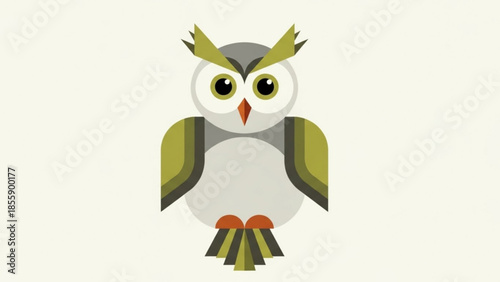 A stylized illustration of an owl with green wings and a white body looking forward on a plain background