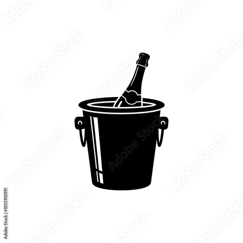 Black and white illustration of a champagne bottle in an ice bucket on a plain background