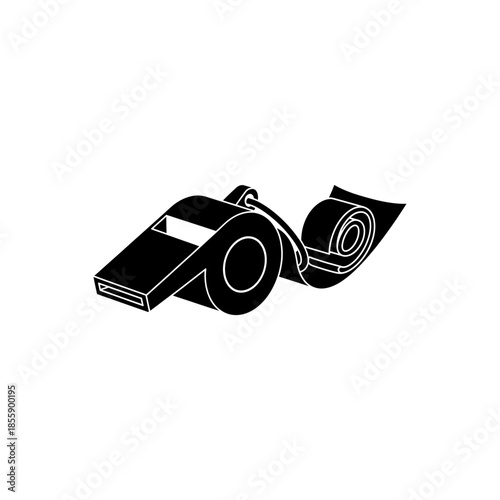 Black and white illustration of a whistle with a rolled up tape measure on a
