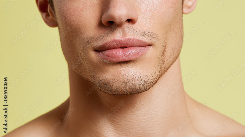 Fototapeta premium Male close up with sharp but smooth contour texture pastel face skin lips beard stubble natural healthy clean beauty expression