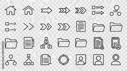 Collection of diverse icons representing digital interface elements and navigation tools.