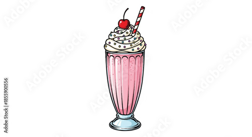 Strawberry Milkshake with Whipped Cream Cherry and Straw Illustration
