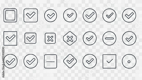 Collection of Various Check Mark and Cross Symbols in Different Shapes.