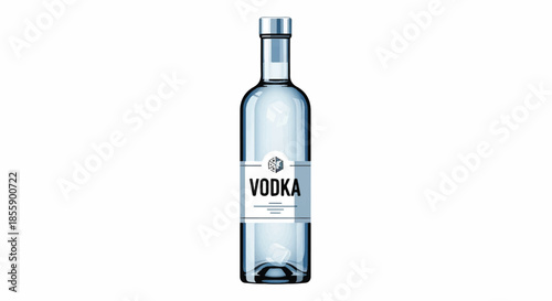 Clear Glass Vodka Bottle with Blue Label and Silver Cap Illustration