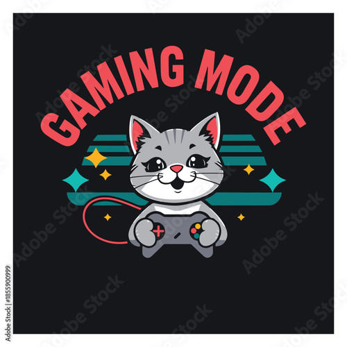 Gaming Mode Cute Cat Gamer Holding Game Controller Vector Illustration
