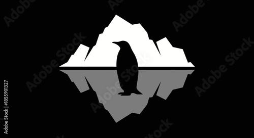 Penguin silhouette standing before iceberg reflection on black background.