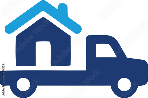 Blue icon depicting a house loaded onto the back of a delivery truck