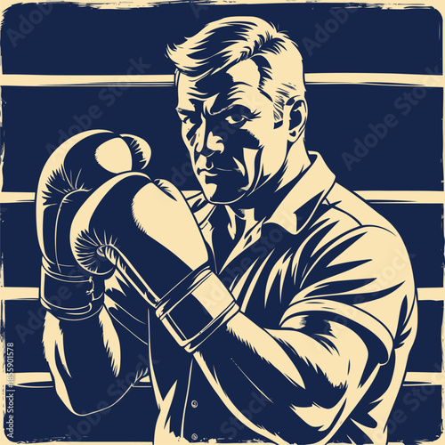 a comic book style vector gentleman against a boxing ring background