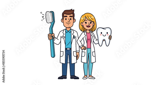 Dentist couple standing together with dental hygiene tools and tooth illustration