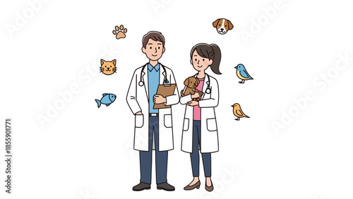 Couple in lab coats holding animals surrounded by various creatures in a studio setting