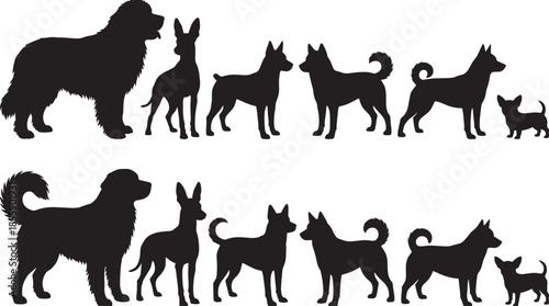 Collection of black silhouettes featuring various dog breeds standing women jumping dancers cheering crowd with raised hands and male user avatar icons vector