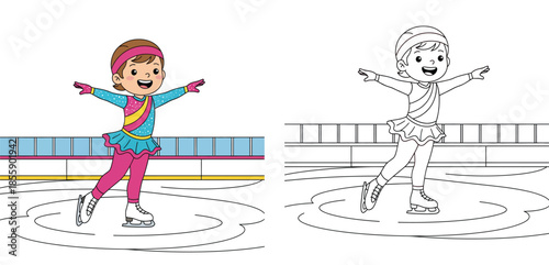 Coloring book page for kids with cute cartoon girl figure skating on ice rink, vector outline and color example
