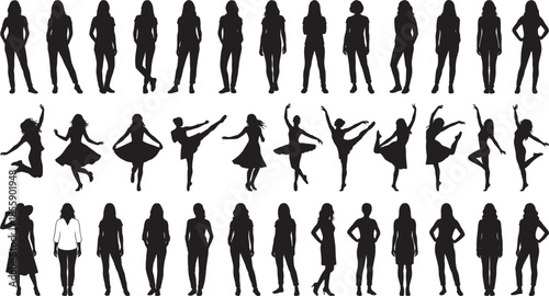 Collection of black silhouettes featuring standing women jumping dancers and a large crowd with raised hands plus male avatar icons on white background