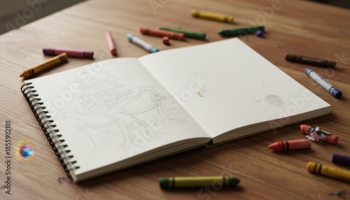 Open sketchbook with drawing and crayons