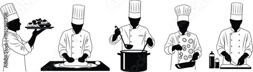 Professional chef silhouettes set cooking food kneading dough and serving dishes for restaurant menu and culinary kitchen branding