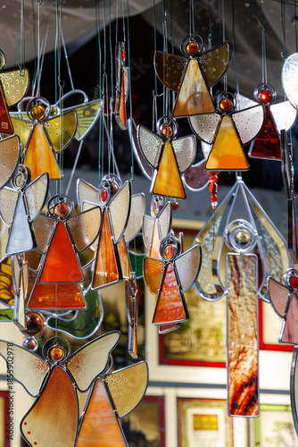 Handmade Stained Glass Angels Hanging as Decorative Ornaments