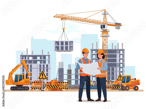 Construction workers examining a building plan at the construction site