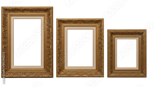 Set of three ornate gold picture frames in different sizes, antique baroque style frames isolated