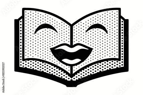 Smiling open book icon with dotted pattern