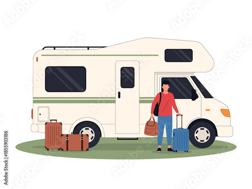 A person standing next to a recreational vehicle, surrounded by luggage, ready for adventure 