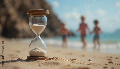 Hourglass on Sandy Beach with Children Playing in Background