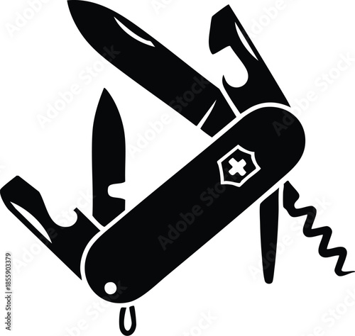 Multi-Tool Swiss Army Knife Silhouette, Pocket Multi-Functional Tool Icon, Camping and Survival Tool Graphic, Folding Pocket Knife Silhouette, Versatile Utility Knife Symbol