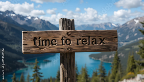 Tranquil Nature Scene with Relaxation Sign near a Scenic Lake