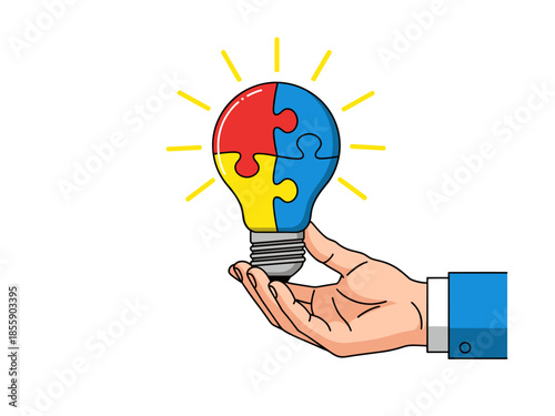 A hand holding a light bulb puzzle, symbolizing the idea of problem-solving, collaboration, and finding solutions