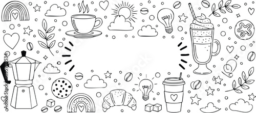 Coffee Doodles and Breakfast Icons Vector Minimalist Line Art Coffee Illustration for Coloring
