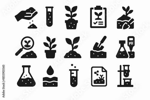 Gardening and plant research icon set: soil, test tubes, seedlings, fertilizer