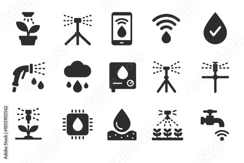 Smart irrigation technology icons: drip systems and wireless controls