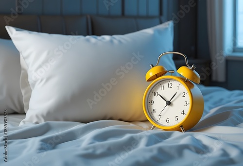 Bright Yellow Alarm Clock on Soft Bedding in Cozy Bedroom Setting