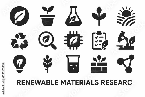 Renewable materials research icons: sustainability, recycling, innovation, ecology, renewable energy
