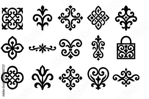 Collection of decorative black ornamental designs and patterns