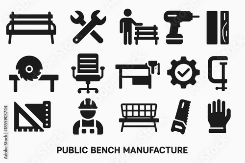 Icons of public bench manufacturing tools and equipment