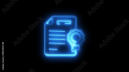 Glowing Blue Neon Certificate Icon with Seal on Black Background award diploma