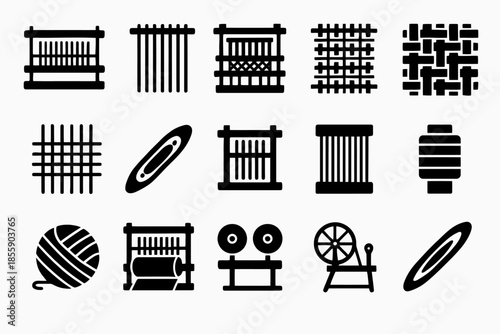 Set of weaving and textile icon illustrations in various patterns and tools