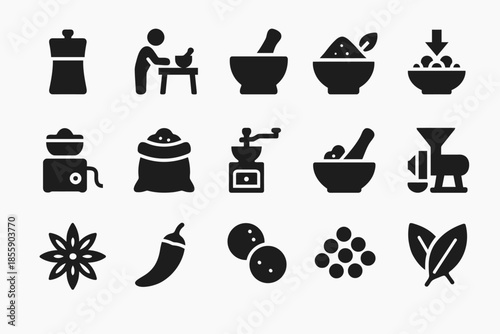Black kitchen icons: cooking, seasoning, grinding, spice, ingredients