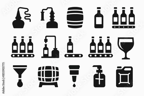 Black silhouette icons of distillery equipment and beverage containers