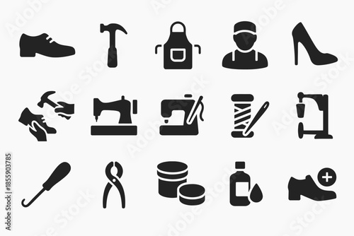 Shoe repair icons: tools, equipment, and footwear silhouettes in black