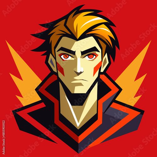 The art style is bold with strong lines and a limited color palette of red, black, yellow, and orange.