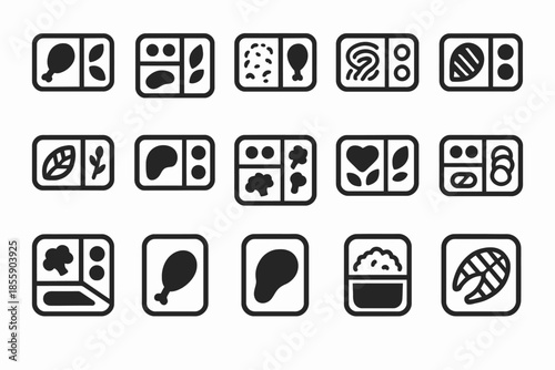 Assorted food icon set featuring various meals and ingredients in minimalist style