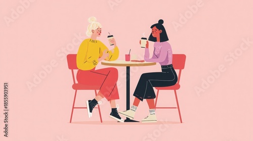 Flat-style vector illustration of two female friends chatting and sharing gossip in a cafÃ©. 