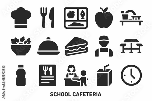 School cafeteria icons: chef, utensils, tray, apple, salad, sandwich, worker, dining